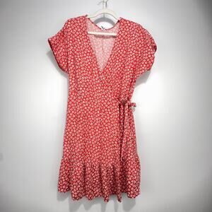 Old Navy Linen Dress Size L Prairie Cottagecore Floral Wrap Ruffle Feminine